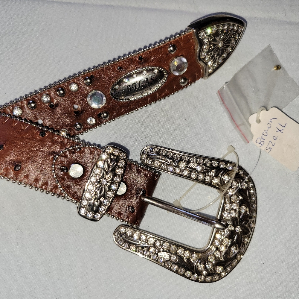 Brown Leather Belt with Decorative Silver Bling Size XL